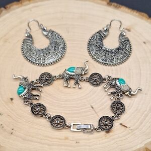 Silver and Turquoise Elephant Bracelet and Earring Set
